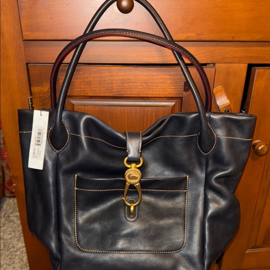 Dooney & Bourke Black And Brown Leather Tote With Gold Accents